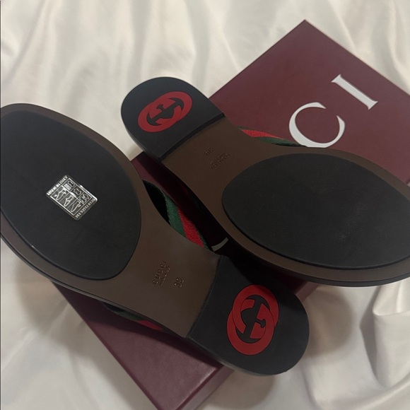 Gucci Brown Monogram Flip Flop Sandals with Green and Red Web & Gold GG - Picture 2 of 5